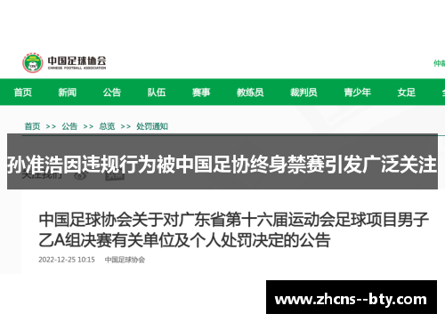 孙准浩因违规行为被中国足协终身禁赛引发广泛关注 孙准浩因违规行为被中国足协终身禁赛引发广泛关注