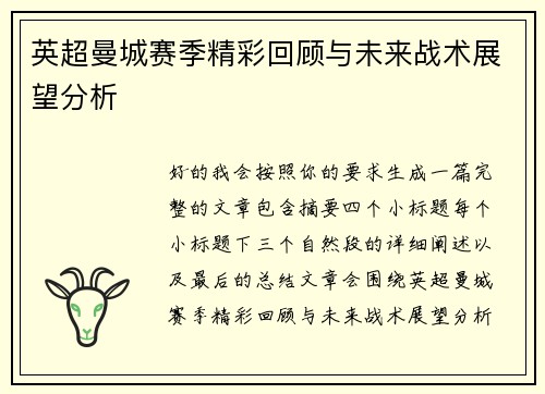 英超曼城赛季精彩回顾与未来战术展望分析